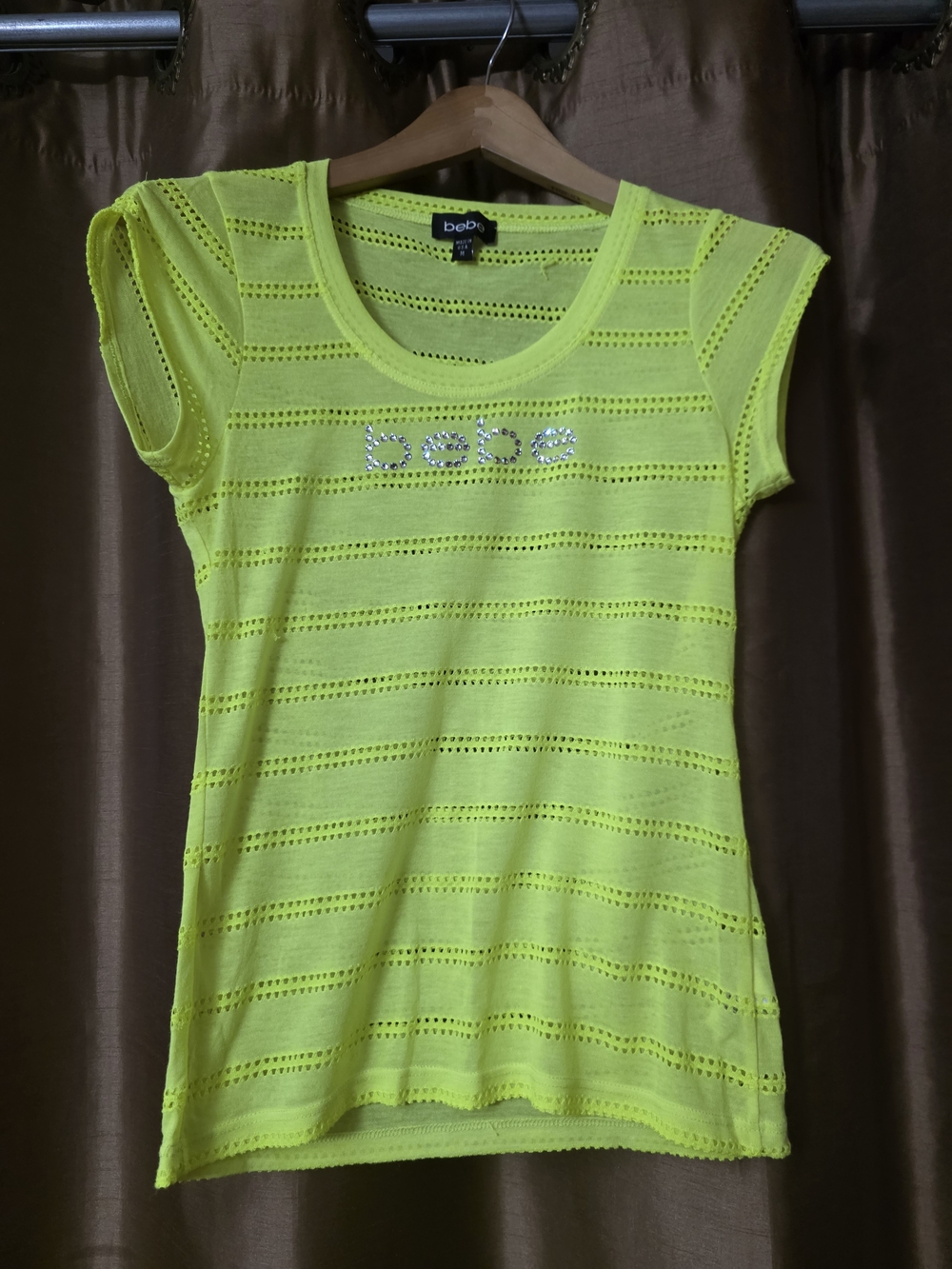 bebe Neon Yellow Short Sleeve Eyelet Knit Top with Crystal Logo